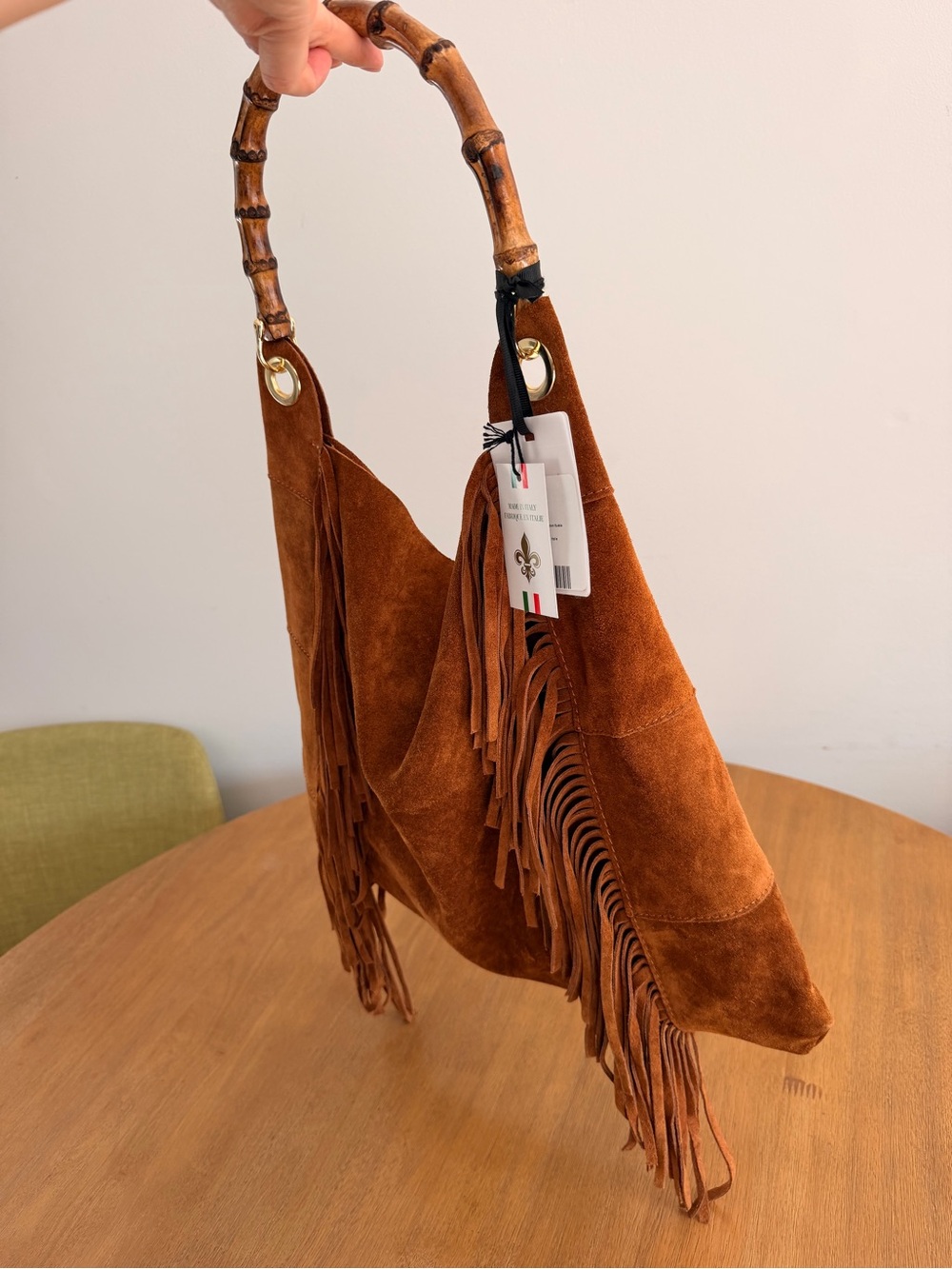 MARLON Made In Italy Fringed Suede Hobo Bag with Bamboo Handle - Picture 3 of 11